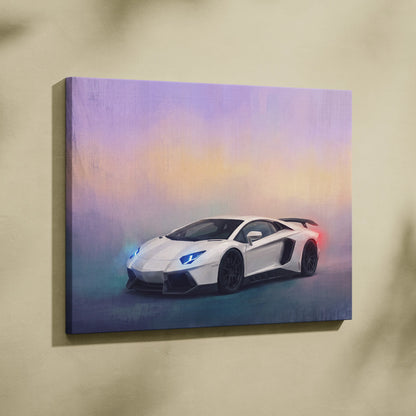 White lamborghini aventador svj inspired luxury supercar canvas wall art with glowing blue headlights and sunset backdrop