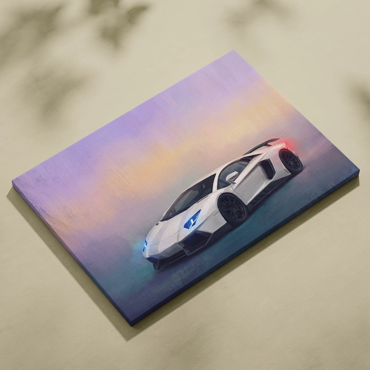 White Lamborghini Aventador SVJ inspired canvas print with glowing blue headlights for luxury supercar wall art