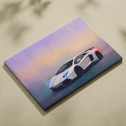White Lamborghini Aventador SVJ inspired canvas print with glowing blue headlights for luxury supercar wall art
