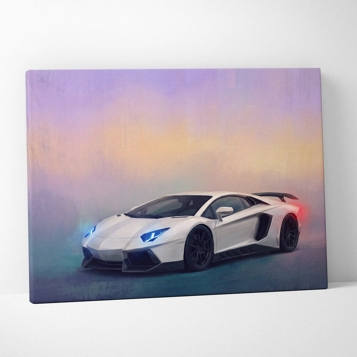 White Lamborghini Aventador SVJ inspired canvas print with glowing blue headlights against purple orange sky