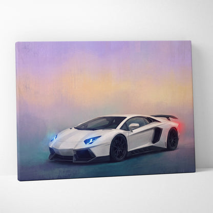 White Lamborghini Aventador SVJ inspired canvas print with glowing blue headlights against purple orange sky