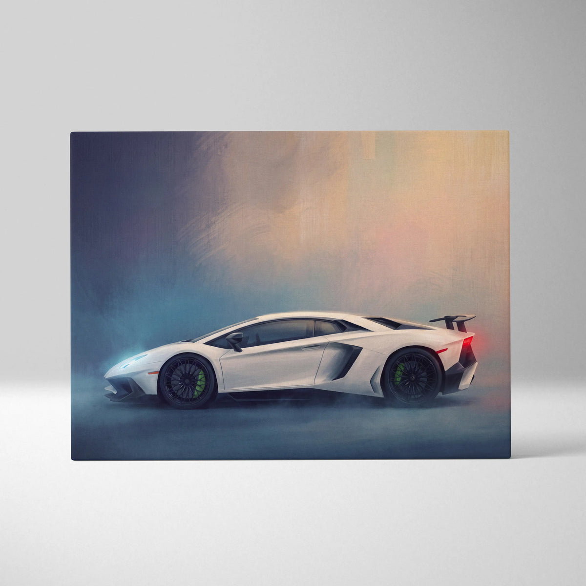 White Lamborghini Aventador SVJ inspired sports car smoky stylized canvas painting print for wall art and track edition decor