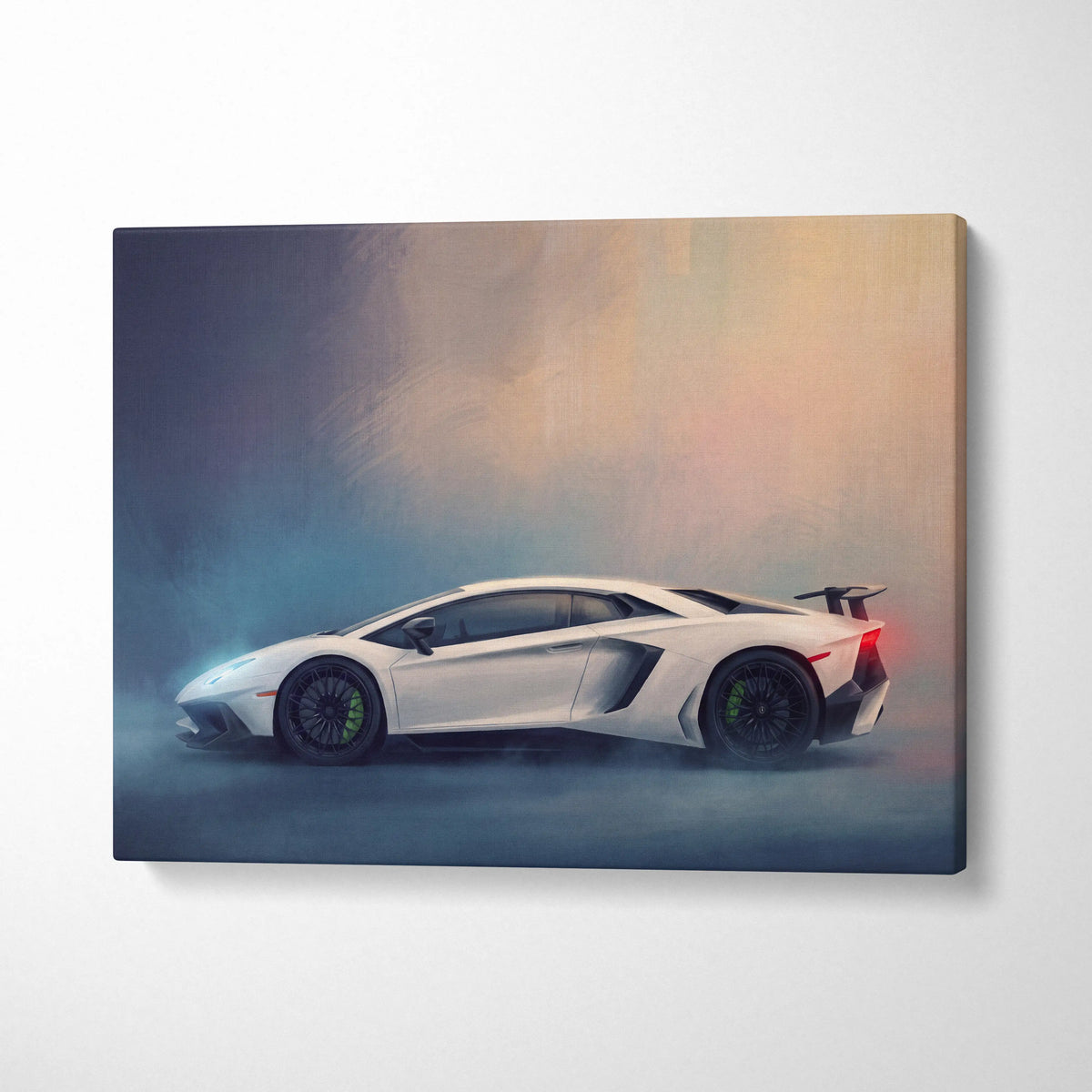 Lamborghini Aventador SVJ inspired white canvas print featuring sleek design black rims and glowing green brake calipers