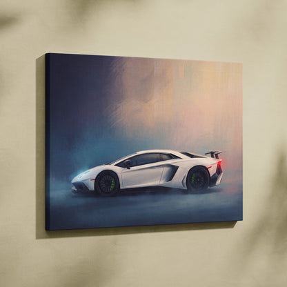 White Lamborghini Aventador SVJ inspired canvas print featuring sleek sports car design with dramatic lighting and smoky effects