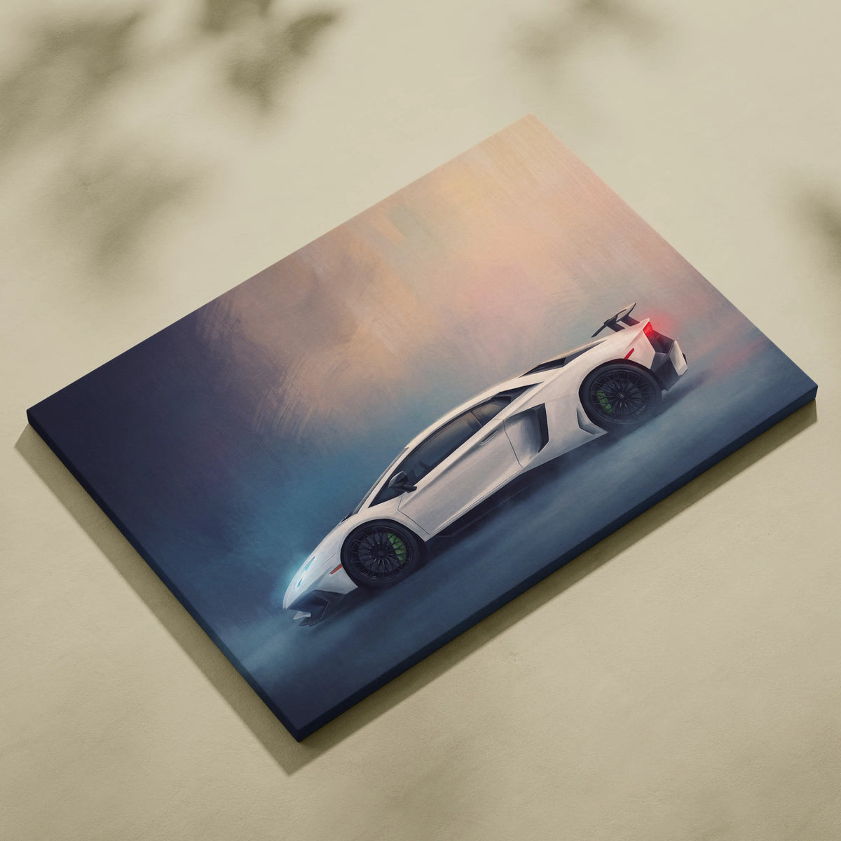 White lamborghini aventador svj inspired canvas print featuring sleek angular sports car with glowing red taillights and black rims