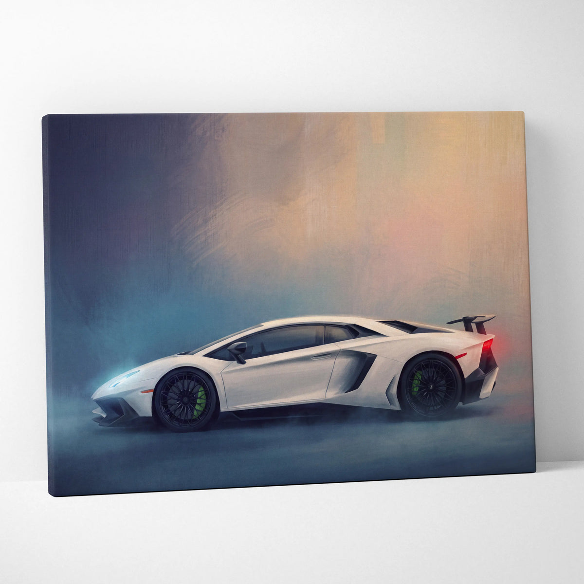 Lamborghini Aventador SVJ inspired white canvas print with sleek design black rims and green brake calipers wall art
