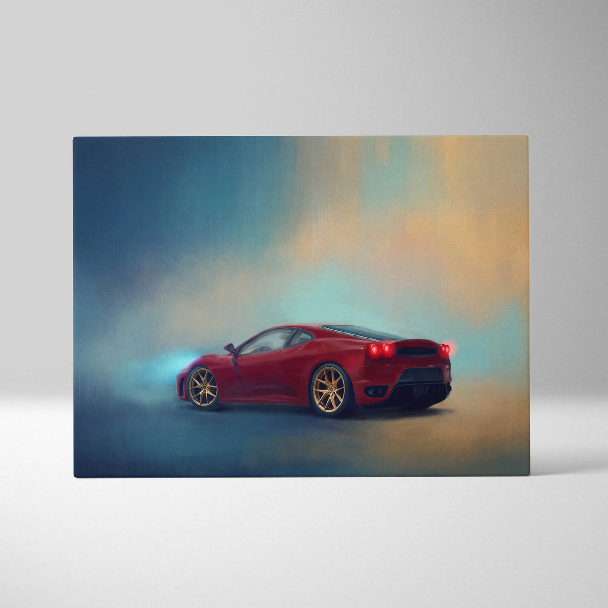 Ferrari f430 inspired supercar canvas art featuring a red sports car with gold rims in smoky stylized design