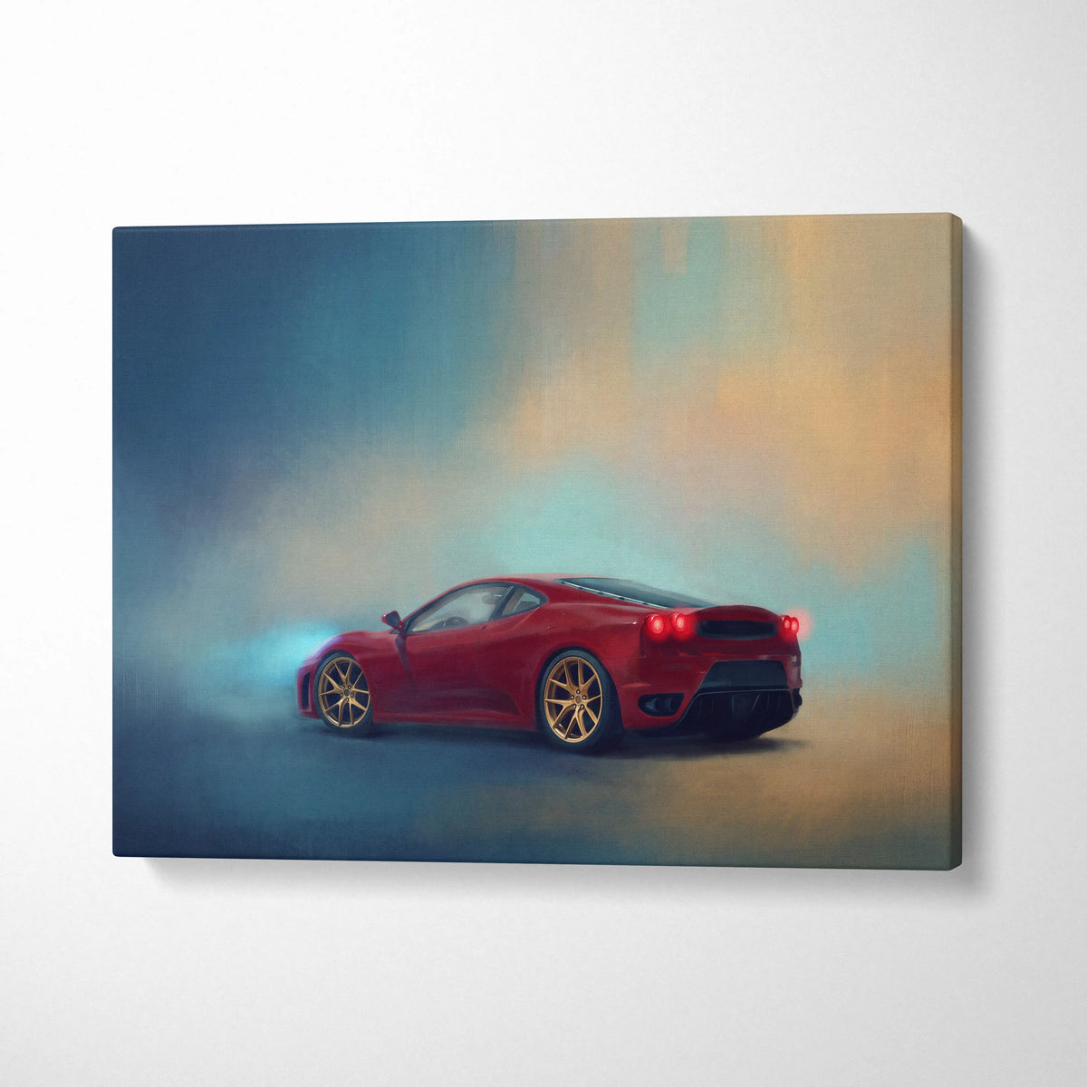 Red ferrari f430 inspired supercar canvas art featuring a sports car with gold rims for custom wall decor