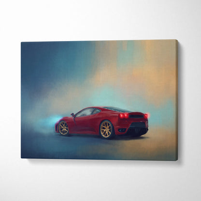 Red ferrari f430 inspired supercar canvas art featuring a sports car with gold rims for custom wall decor