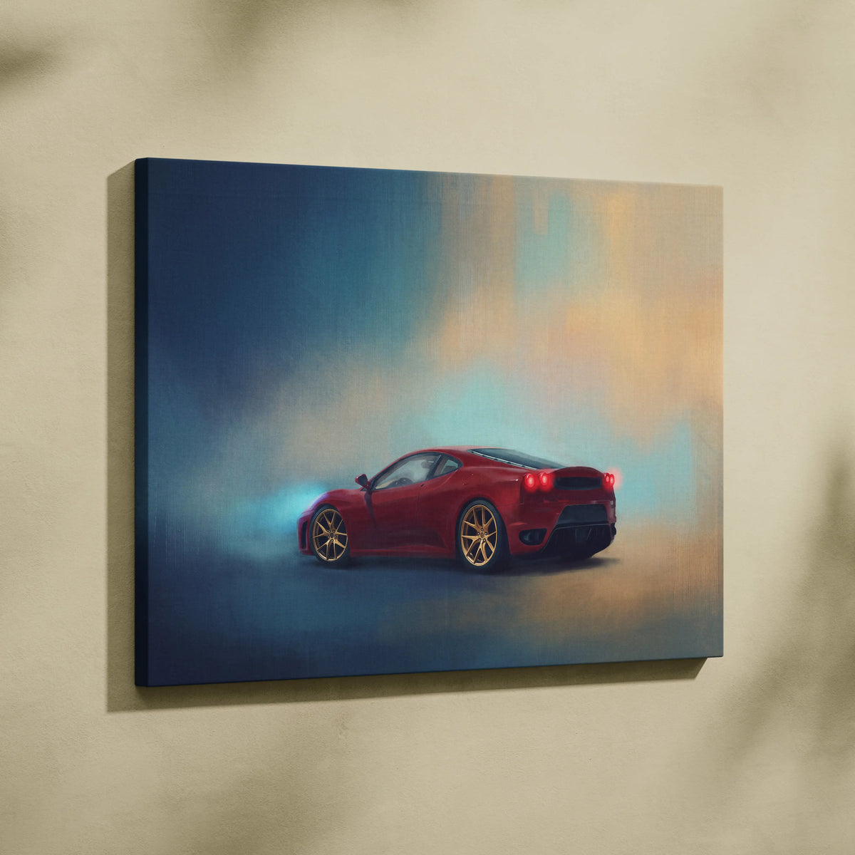 Red Ferrari F430 inspired supercar depicted in dynamic atmospheric painting on canvas custom car wall art print