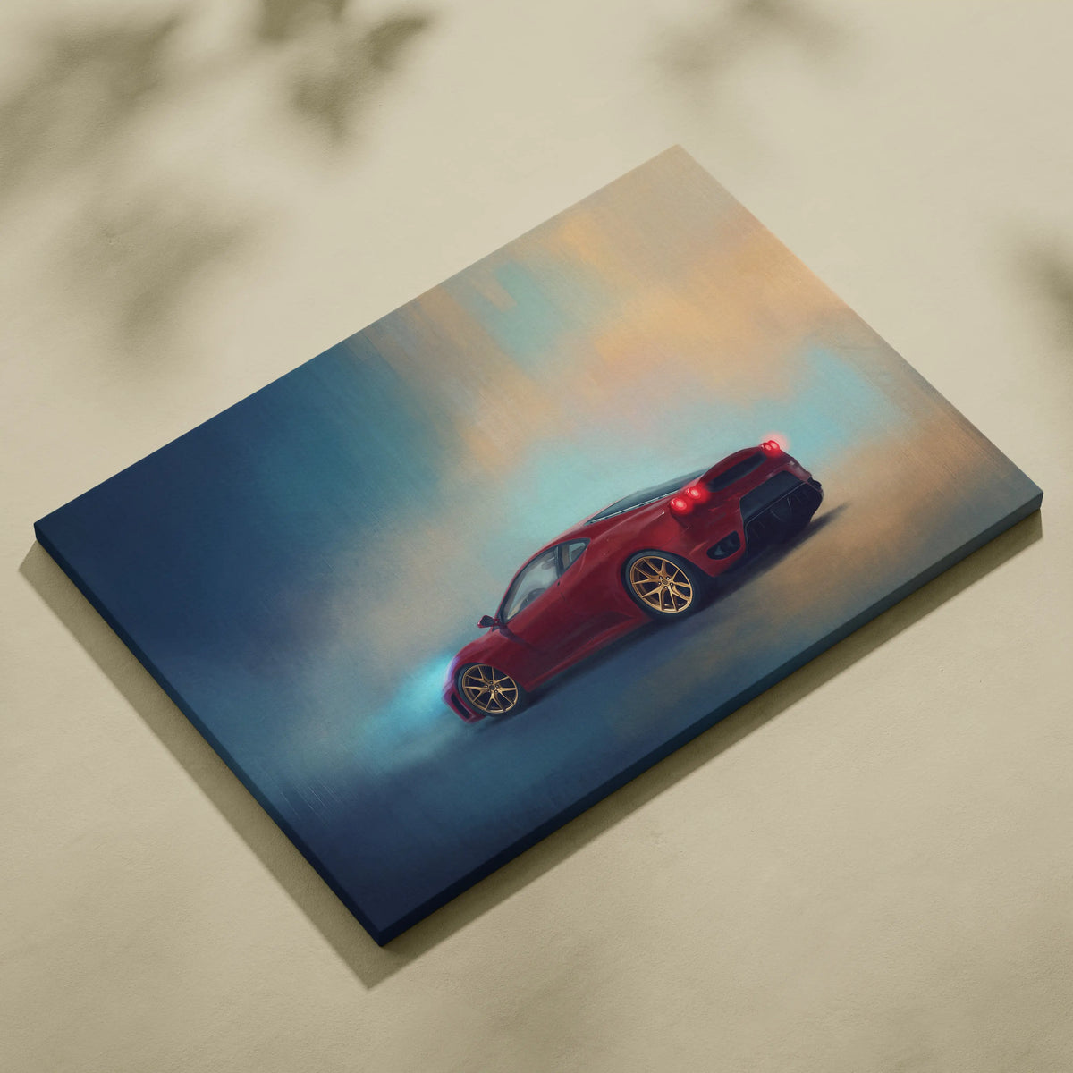 Red ferrari f430 inspired supercar canvas art print with gold rims and glowing taillights against smoky sky