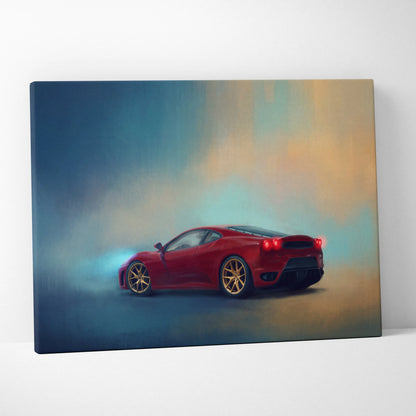 Red Ferrari F430 inspired supercar canvas art with gold alloy wheels featuring a dynamic side profile print