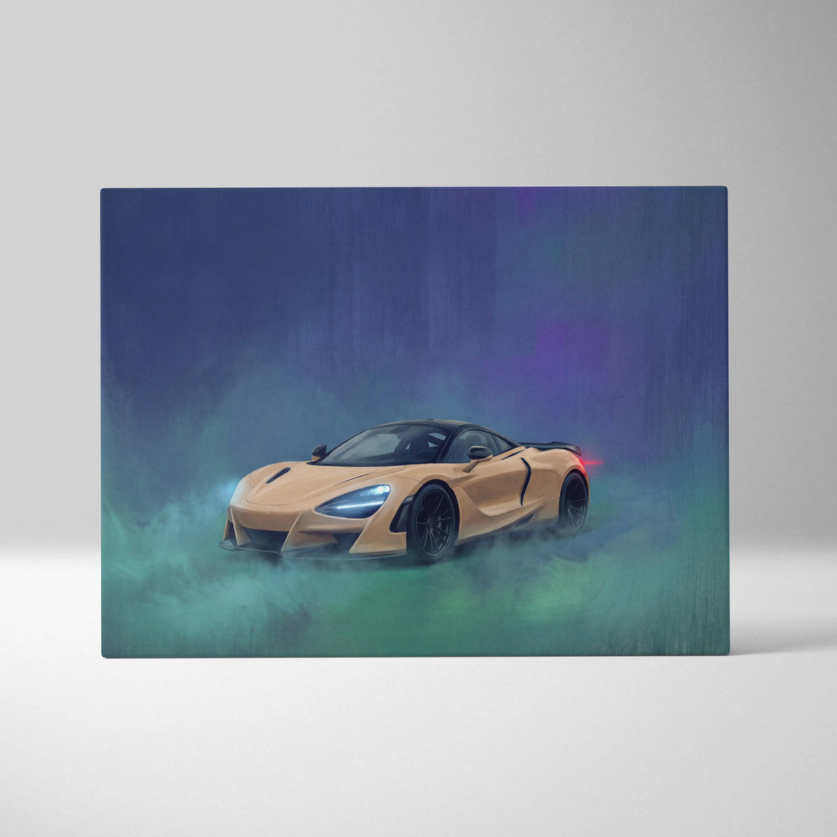 A sleek tan McLaren 720S sports car with glowing blue headlights in stylized canvas art for premium wall decor