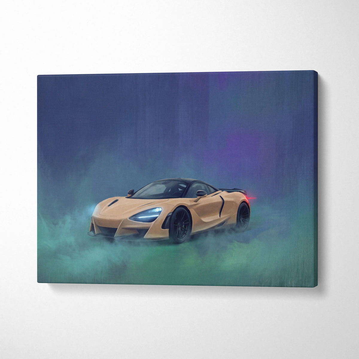 A canvas print of a tan mclaren 720s with black wheels in misty blue and purple tones for premium automotive decor