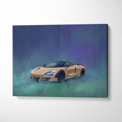 A canvas print of a tan mclaren 720s with black wheels in misty blue and purple tones for premium automotive decor