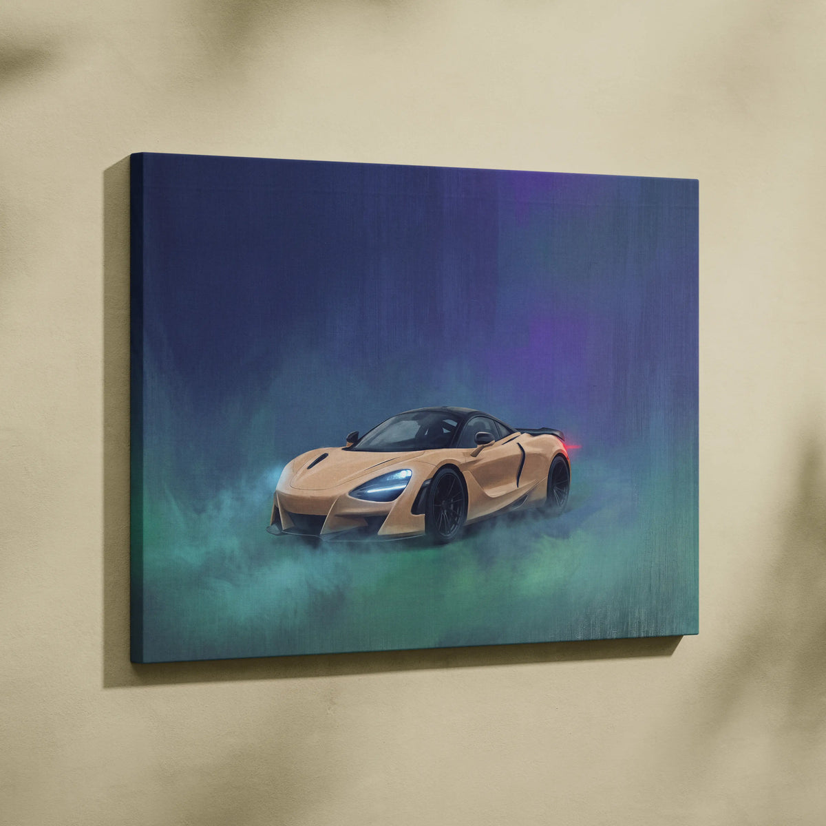 A canvas print featuring a tan McLaren 720S sports car in blue and purple artistic lighting for premium wall decor
