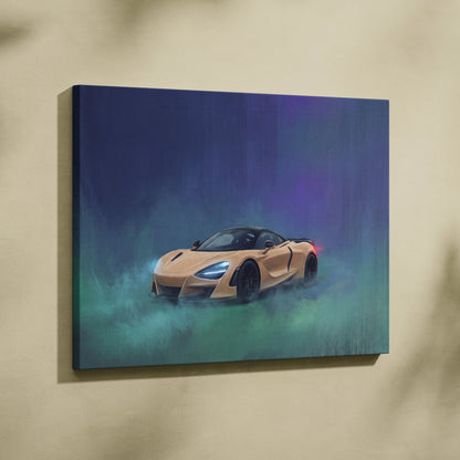 A canvas print featuring a tan McLaren 720S sports car in blue and purple artistic lighting for premium wall decor