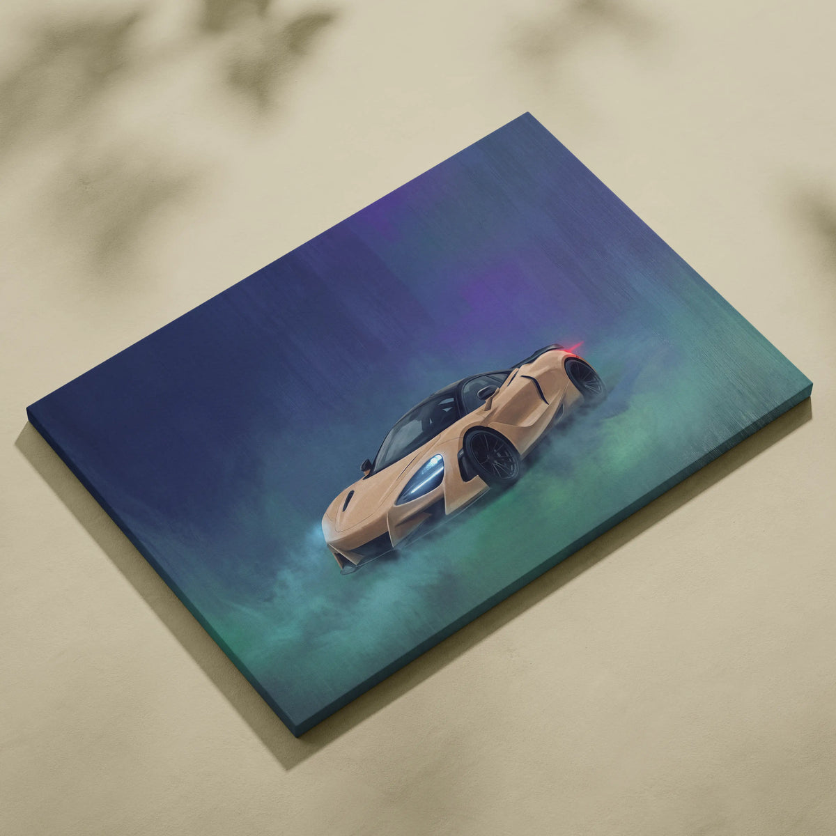 Beige McLaren 720S inspired sports car illustration on a stretched canvas with a blue and green gradient background