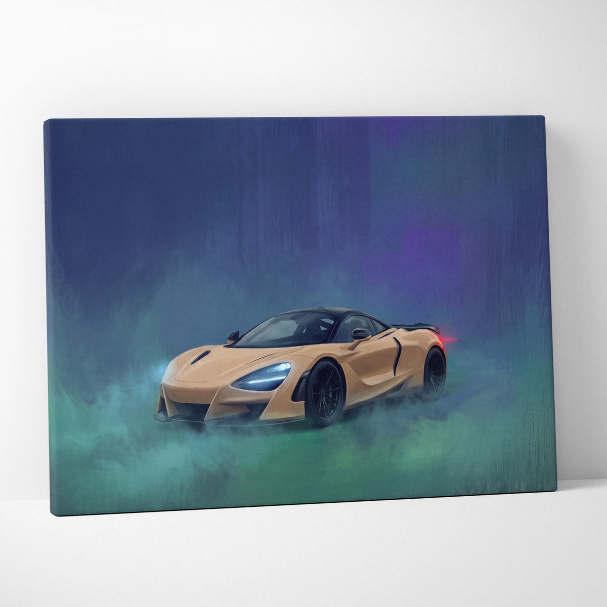 A canvas print featuring a tan mclaren 720s with glowing blue headlights on a smoky blue and purple background