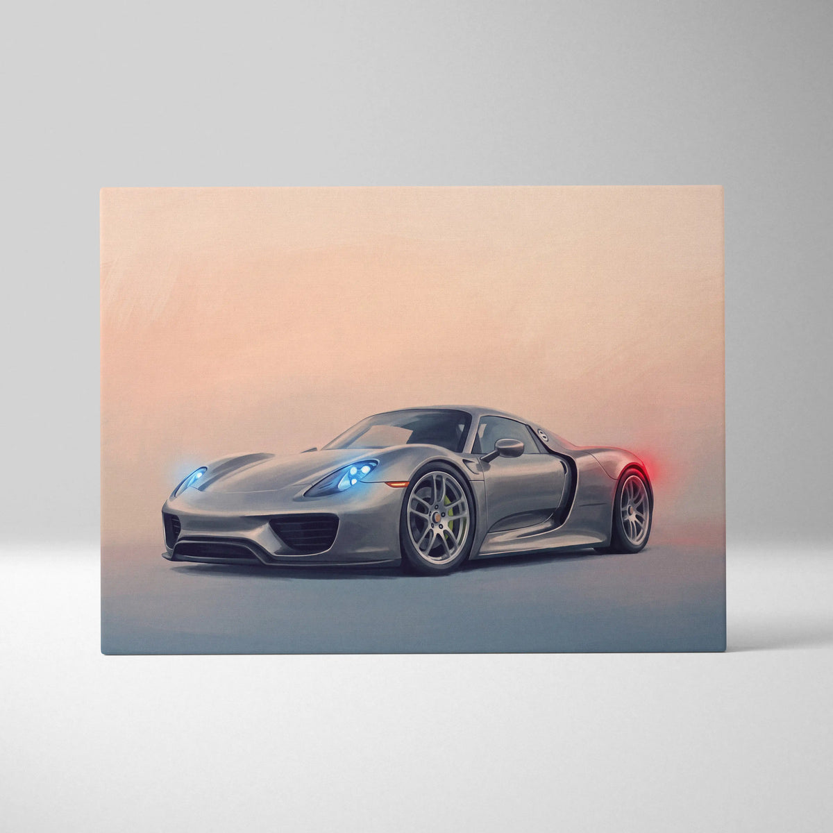 Silver porsche 918 spyder sports car canvas print with glowing blue headlights and red taillights track edition wall art