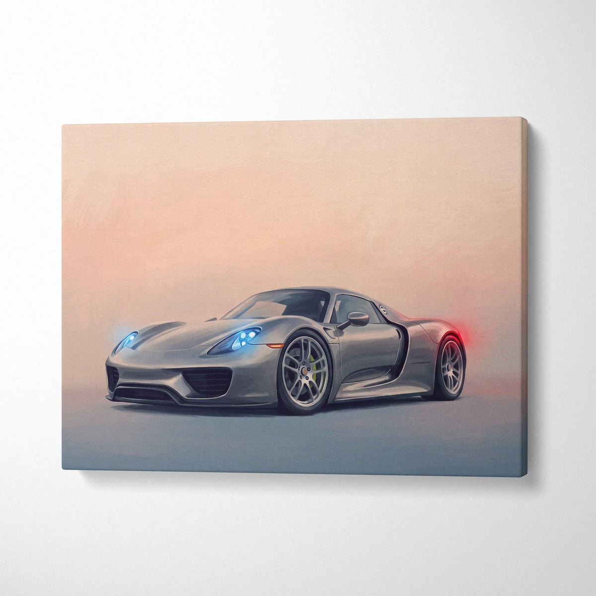 Silver porsche 918 spyder canvas painting print with glowing blue headlights and red taillights track edition wall art