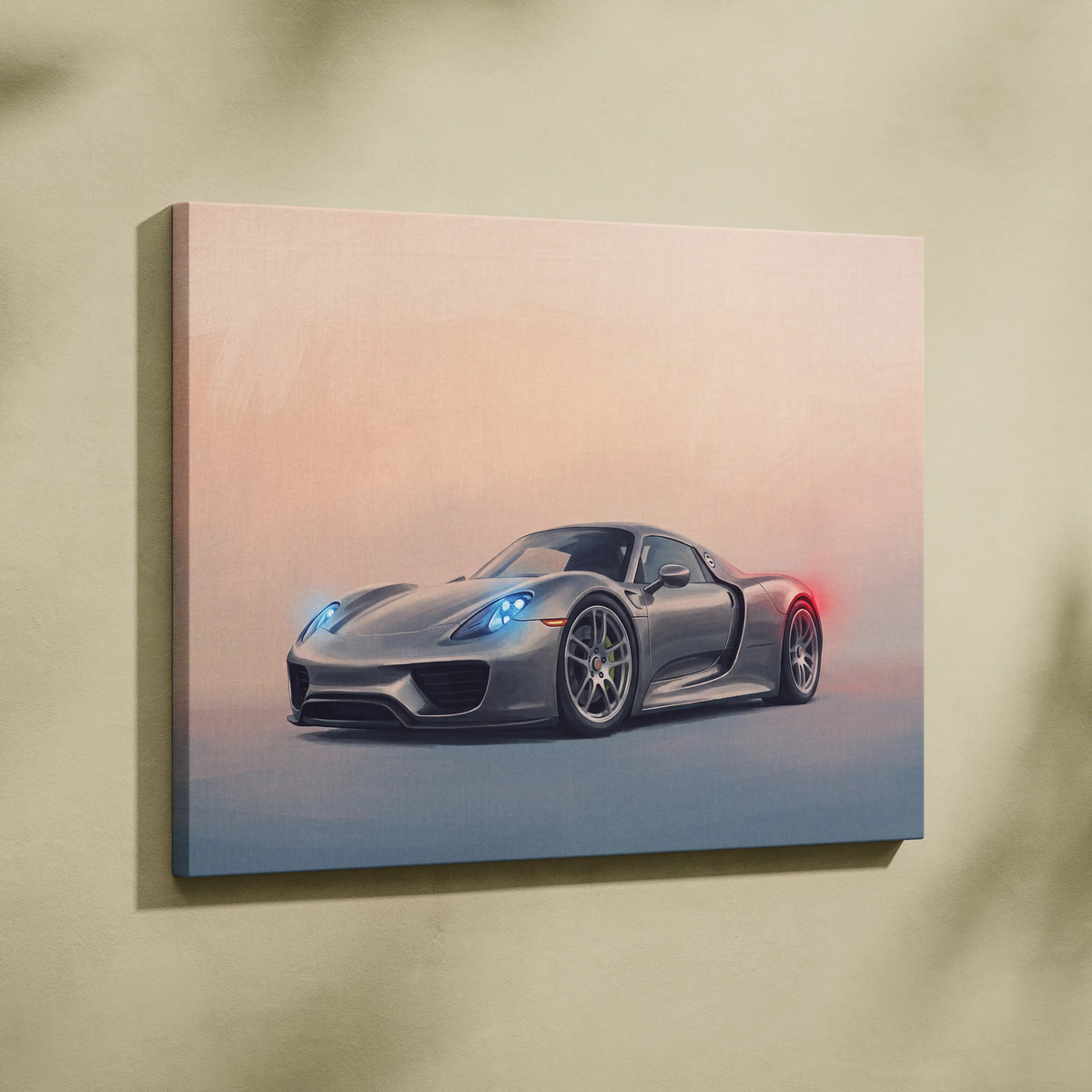 Silver Porsche 918 Spyder sports car canvas print with glowing blue headlights and red taillights against gradient sky