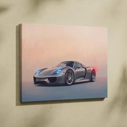 Silver Porsche 918 Spyder sports car canvas print with glowing blue headlights and red taillights against gradient sky