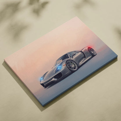 Gray Porsche 918 Spyder inspired canvas print with glowing blue headlights and red taillights against pink sky