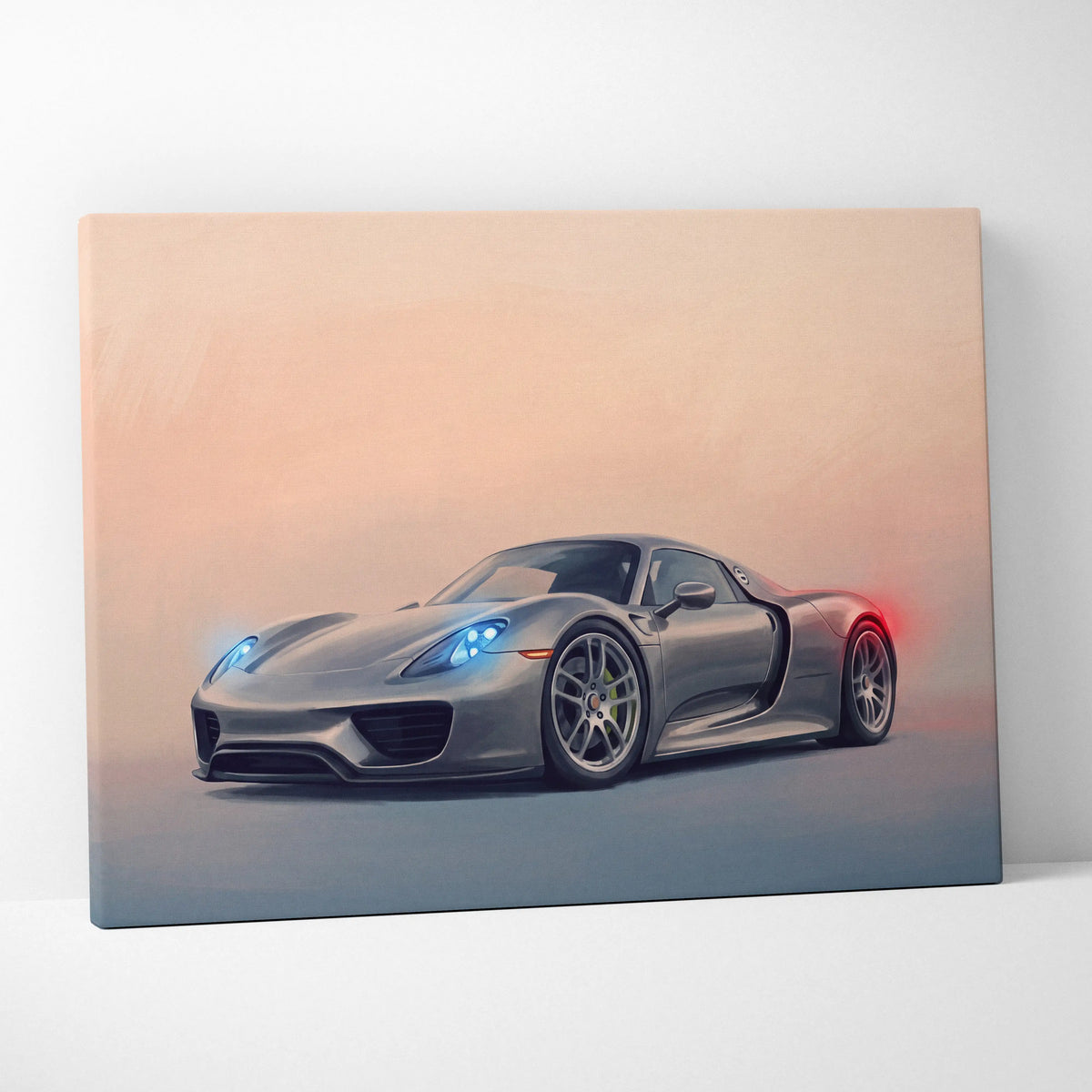 Silver porsche 918 spyder sports car wall art canvas print with glowing blue headlights and red taillights track edition
