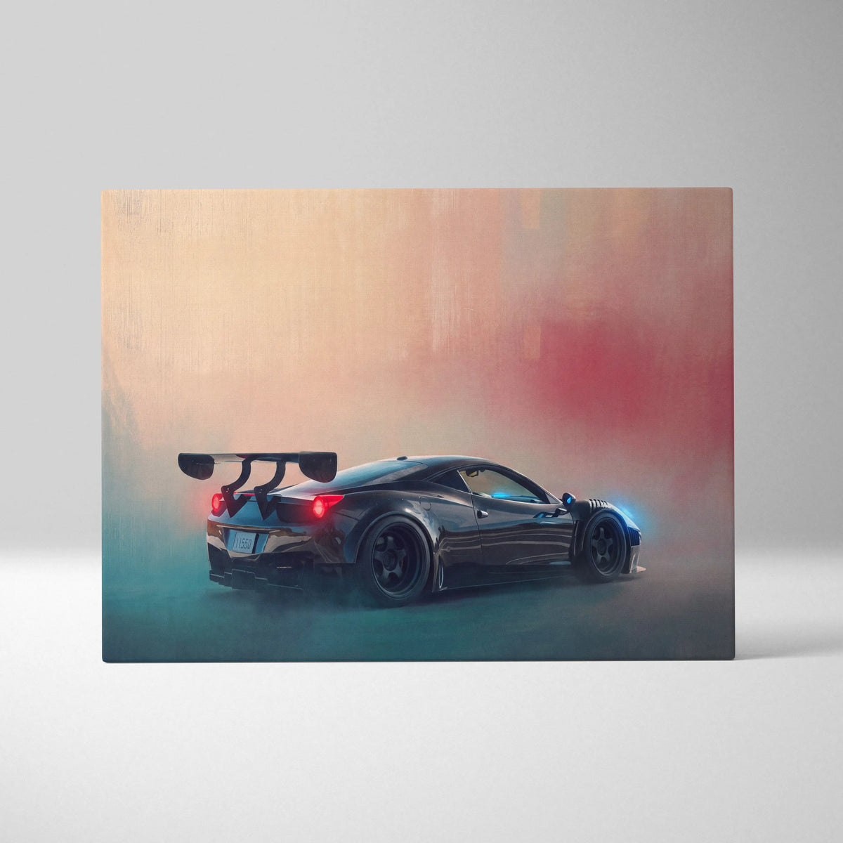 Black Ferrari 458 Italia inspired supercar canvas art featuring rear view with spoiler and glowing red taillights