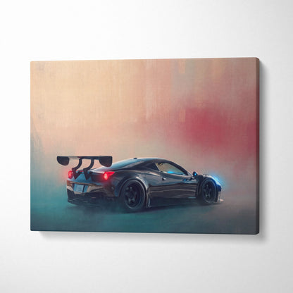 Ferrari 458 Italia inspired supercar canvas art print featuring a sleek black sports car with glowing red and blue accents