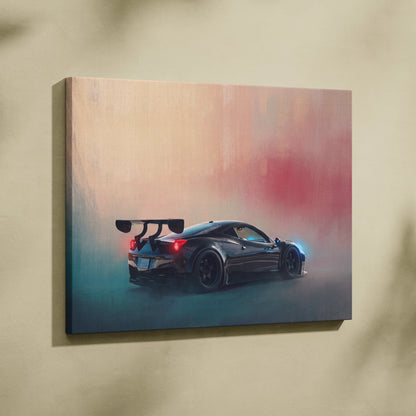 Black Ferrari 458 Italia inspired sports car canvas art with glowing red taillights and blue underglow on beige wall