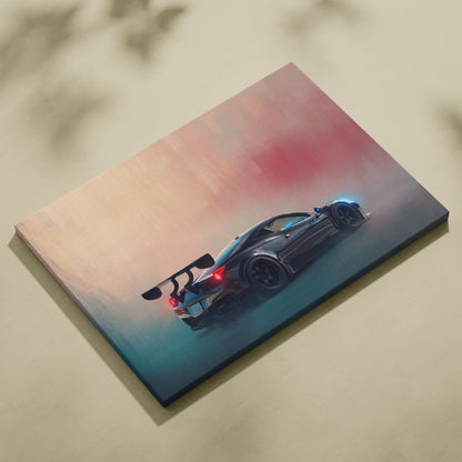 Ferrari 458 italia inspired supercar canvas art featuring a sleek black sports car with glowing red taillights and spoiler