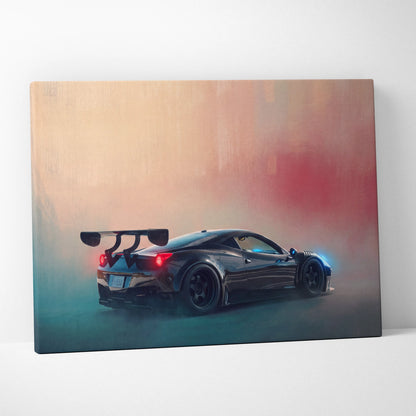 Ferrari 458 Italia inspired supercar canvas art featuring black matte finish with red taillights and blue underglow accents