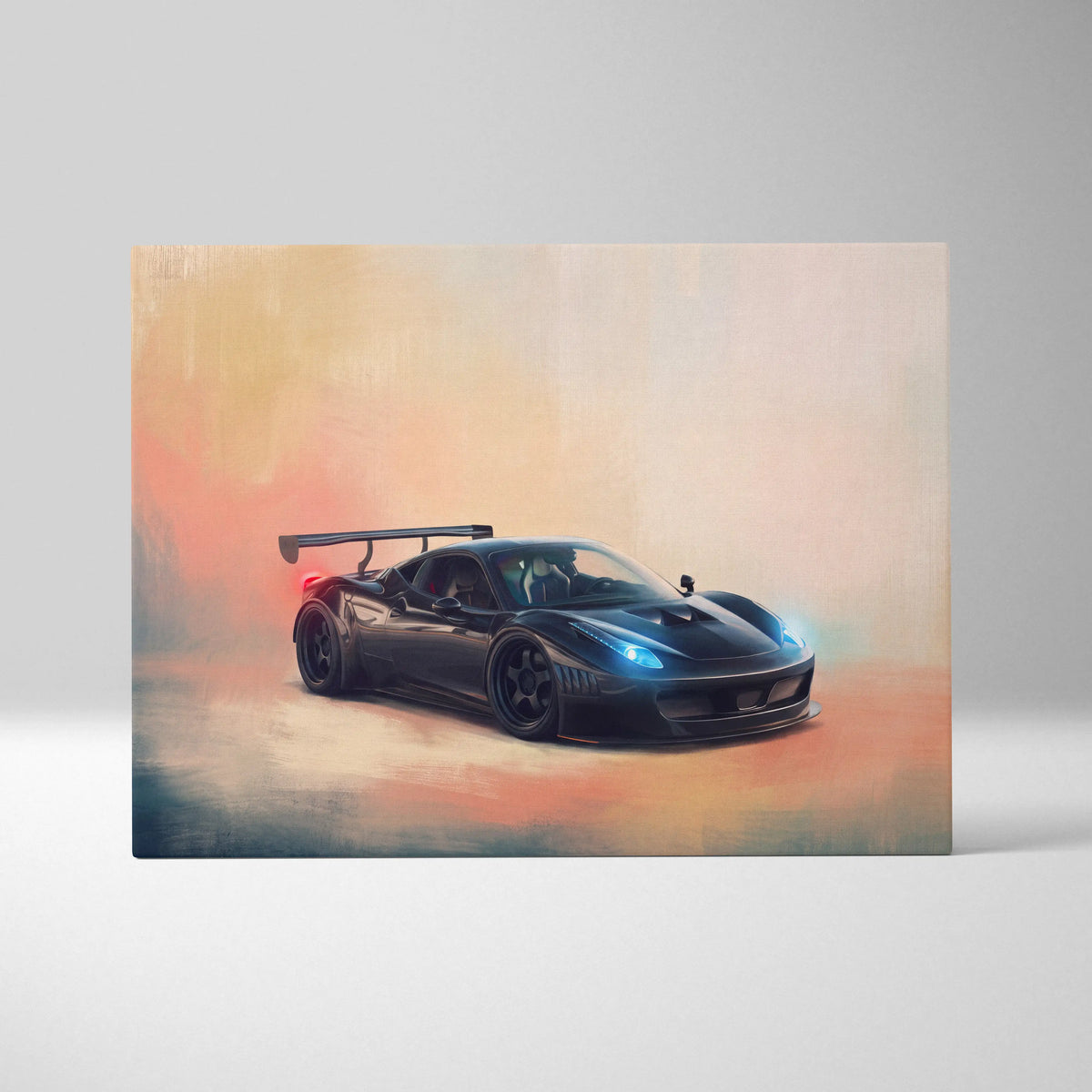 Black Ferrari 458 Italia sports car with rear wing and blue headlights in artistic rendering on premium canvas wall decor