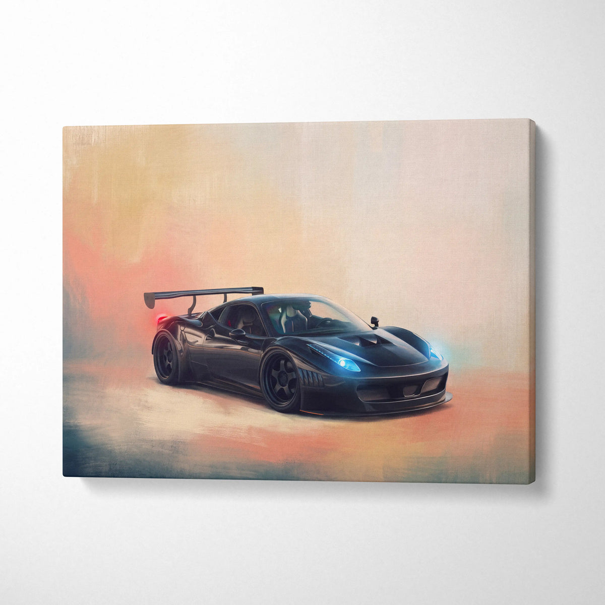 Ferrari 458 italia inspired canvas art featuring a black sports car with glowing blue headlights and rear spoiler wall decor