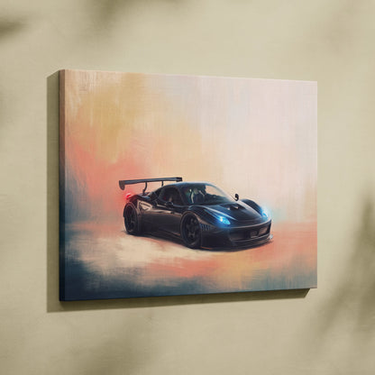 Black Ferrari 458 Italia inspired canvas art with glowing blue headlights and rear spoiler on gradient background