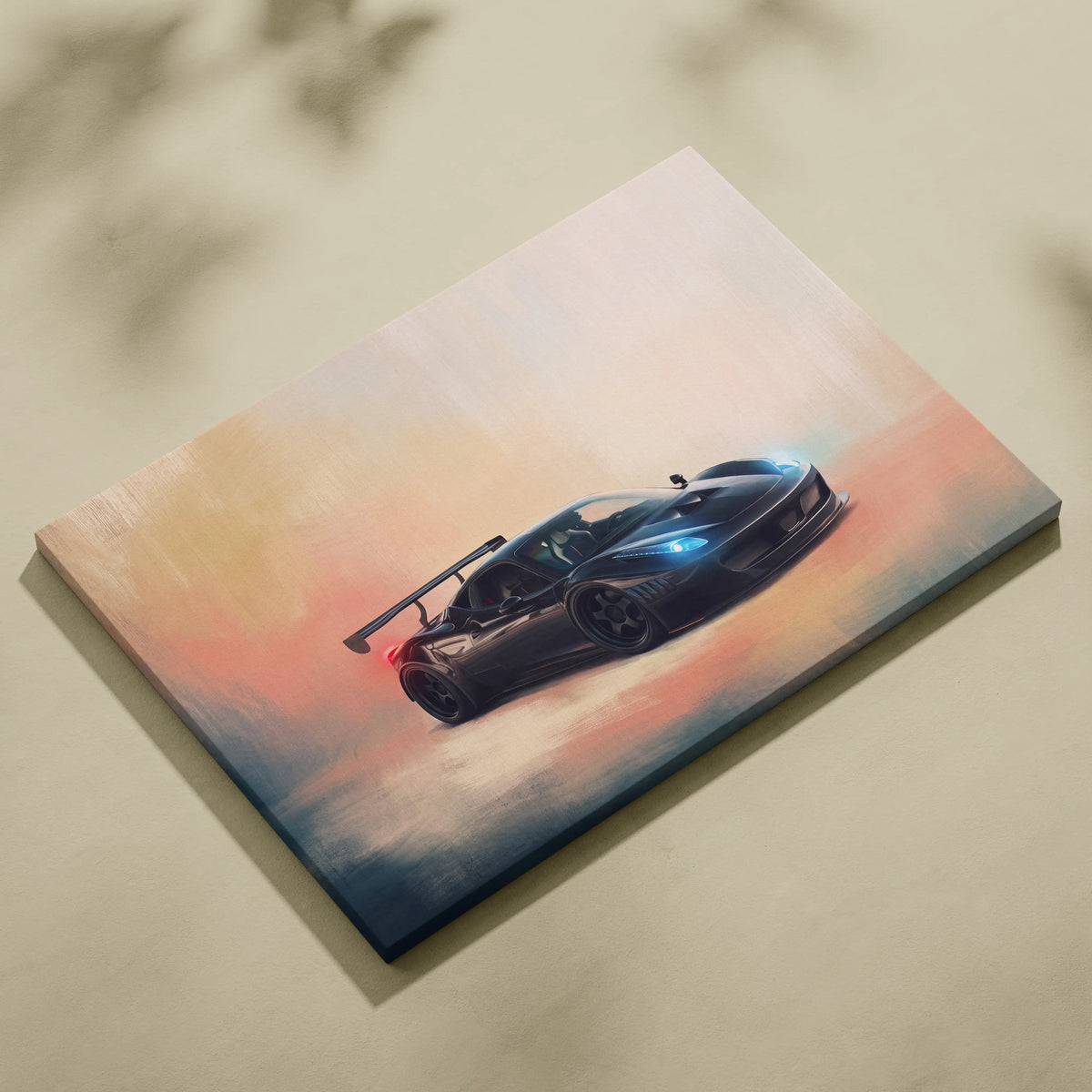 Ferrari 458 Italia inspired black canvas print with glowing blue headlights and rear spoiler against sunset backdrop