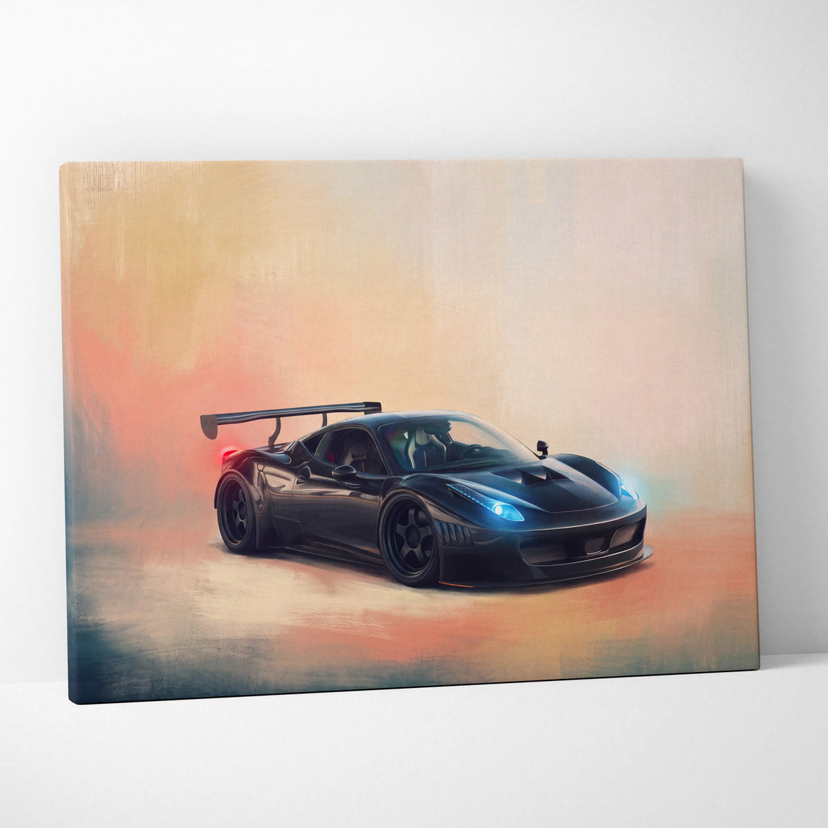 Black Ferrari 458 Italia inspired canvas art with glowing blue headlights and prominent rear spoiler for wall decor