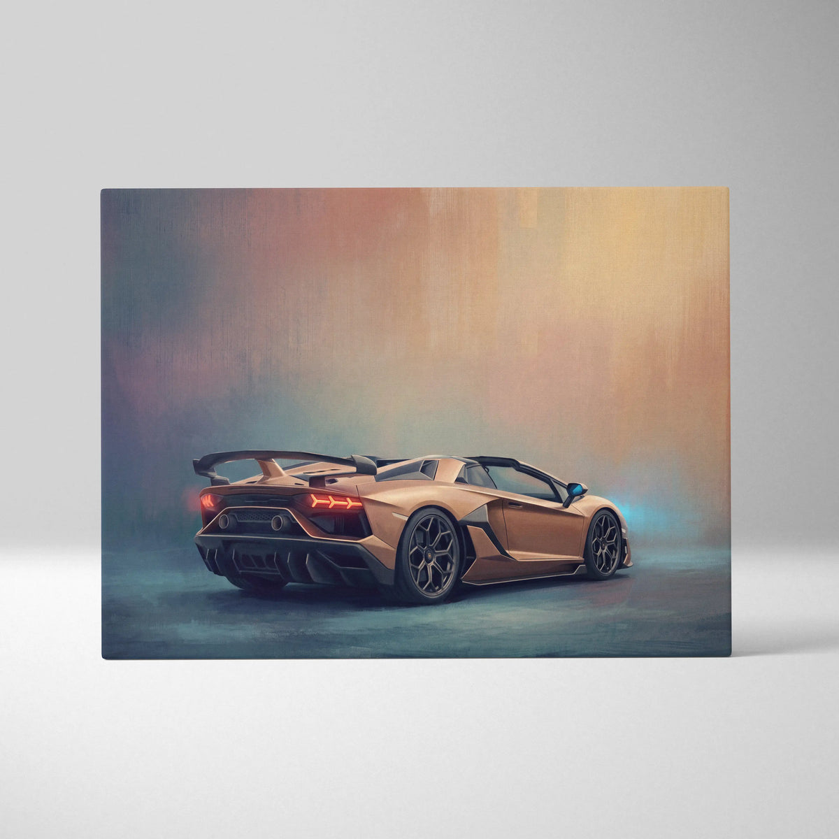 Matte gold lamborghini aventador svj roadster inspired automotive wall art showing rear three quarter view with glowing taillights