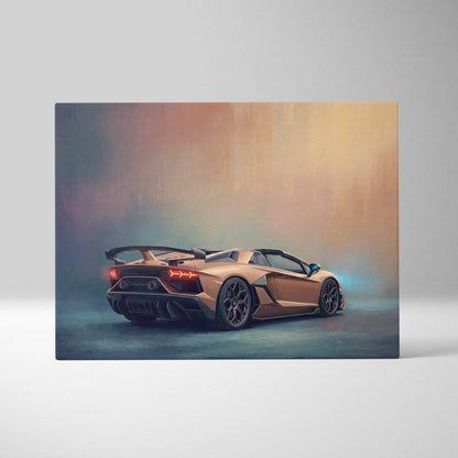 Matte gold lamborghini aventador svj roadster inspired automotive wall art showing rear three quarter view with glowing taillights