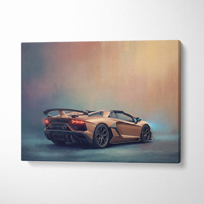 A canvas print of a golden Lamborghini Aventador SVJ Roadster with red taillights on amber and blue gradient background
