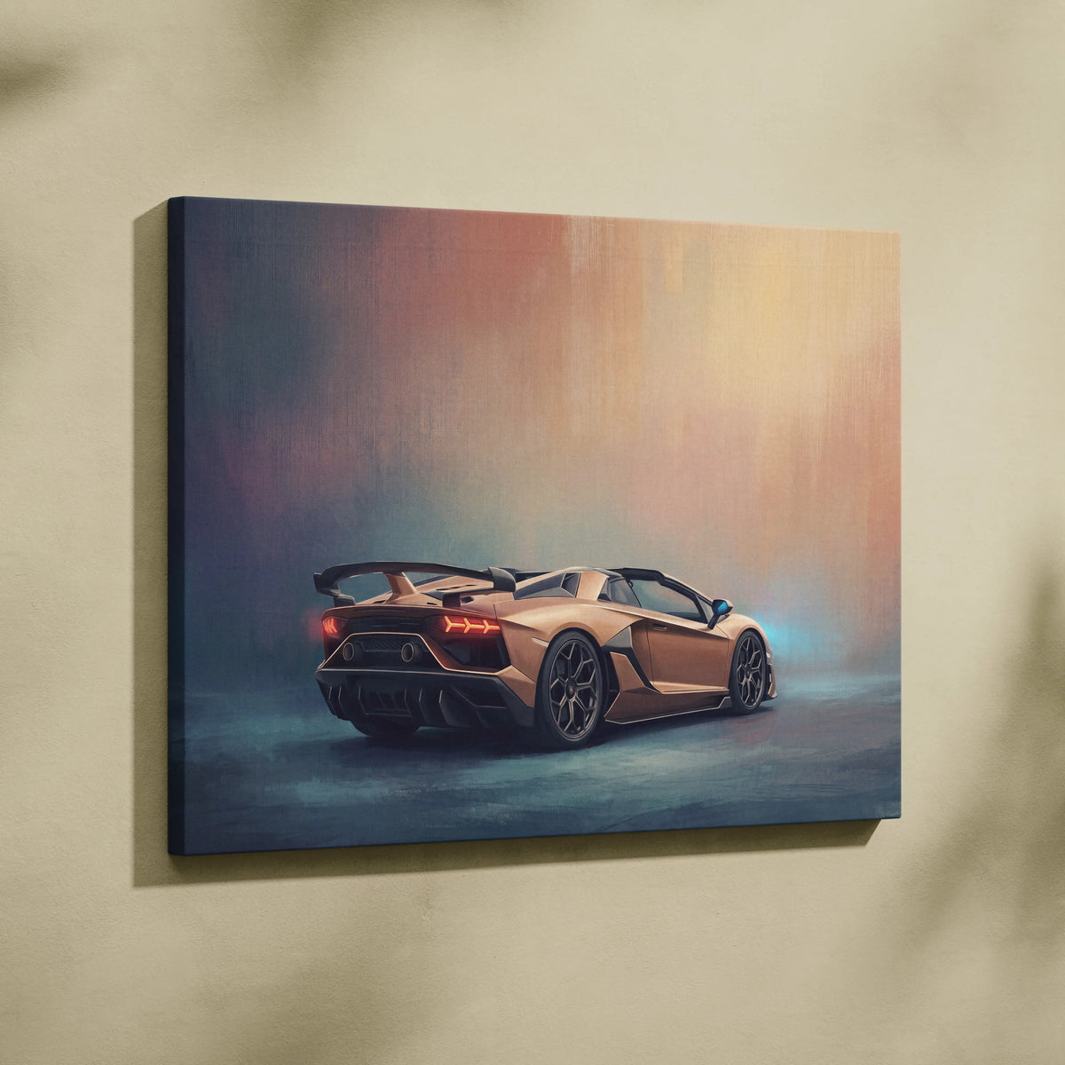 A sleek copper-colored lamborghini aventador svj roadster canvas print with glowing red taillights and black rims
