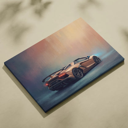 Canvas print featuring a sleek gold lamborghini aventador svj roadster with glowing red taillights against a gradient sky