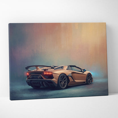 A canvas print of a golden Lamborghini Aventador SVJ Roadster with glowing red taillights and black rims on a gradient sky backdrop