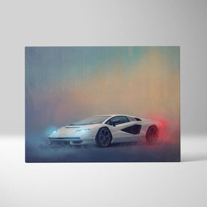 White Lamborghini Countach canvas print with glowing blue and red lights on smoky gradient background wall art