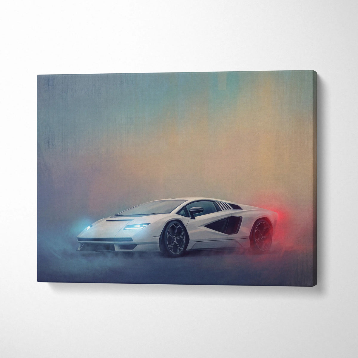 White Lamborghini Countach LPI 800-4 inspired sports car wall art canvas print with glowing blue and red lights background
