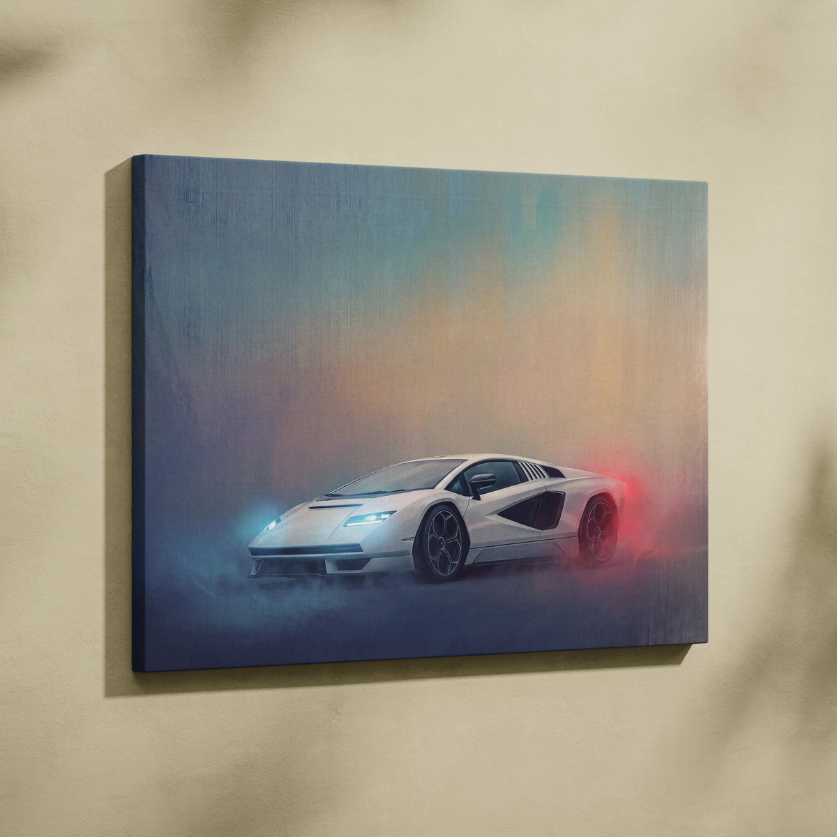 White Lamborghini Countach LPI 800-4 inspired sports car canvas print with glowing blue and red lights on misty background