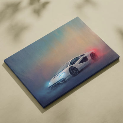 White Lamborghini Countach LPI 800-4 inspired sports car canvas print with glowing blue and red lights on smoky background