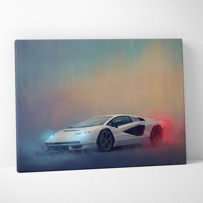 White Lamborghini Countach LPI 800-4 inspired canvas print featuring sleek sports car with glowing lights and smoky background